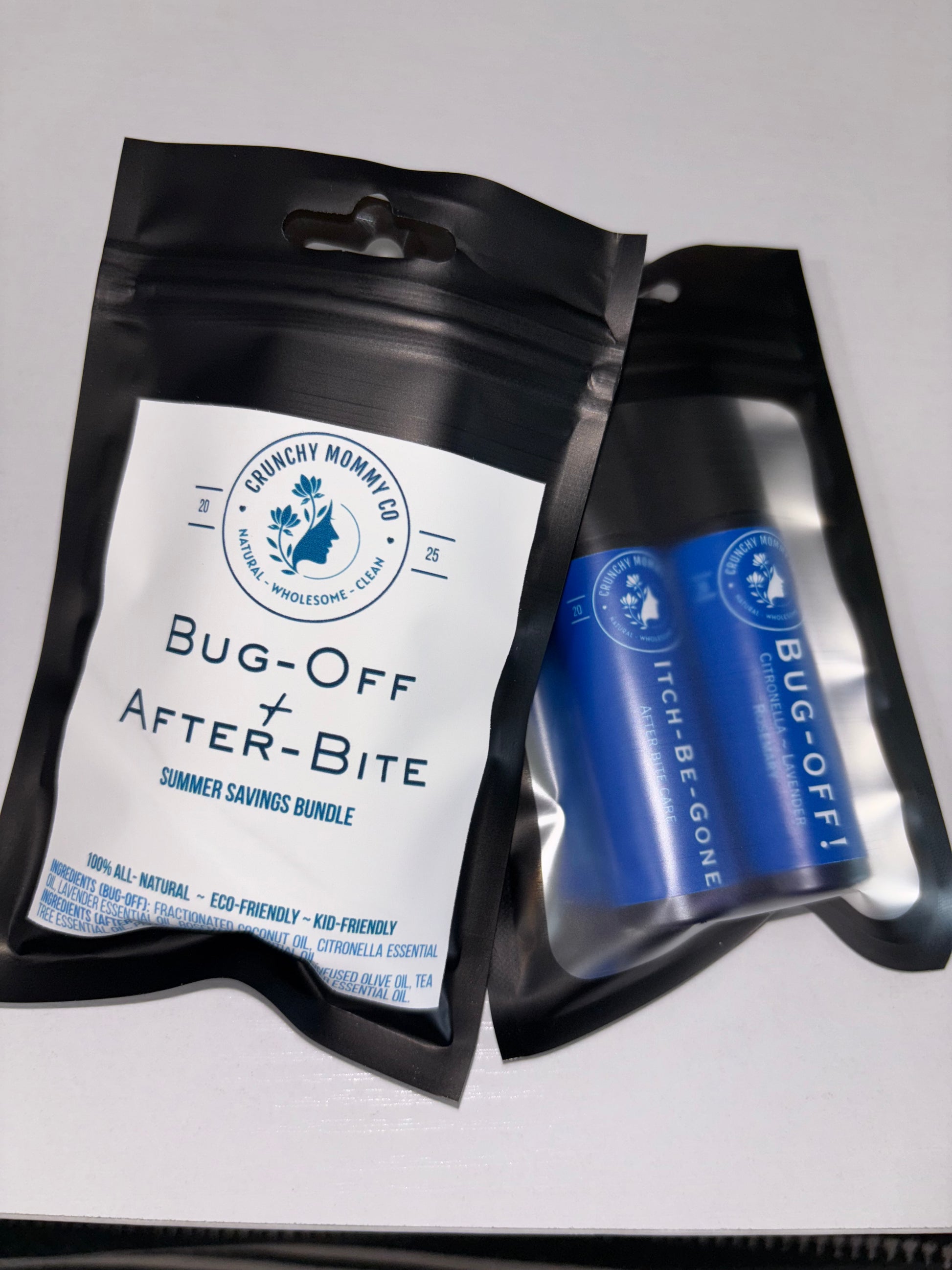 All natural bug repellent and after bite roller bottles bundled into a summer savings package containing 2 essentials